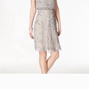 Adrianna Papell Silver Beaded Sheer Overlay Midi Dress